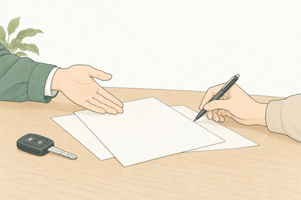 車の引き渡しに向けて書類と鍵を確認するイメージ