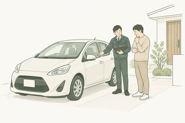 自宅の駐車場で訪問査定を受けるイメージ